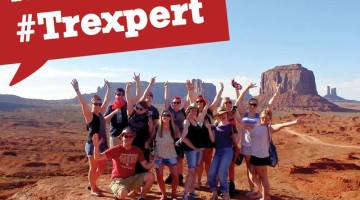 Tweet the Trexpert: Trek America Twitter Q&A. Photograph of a Trek America tour group in Monument Valley.